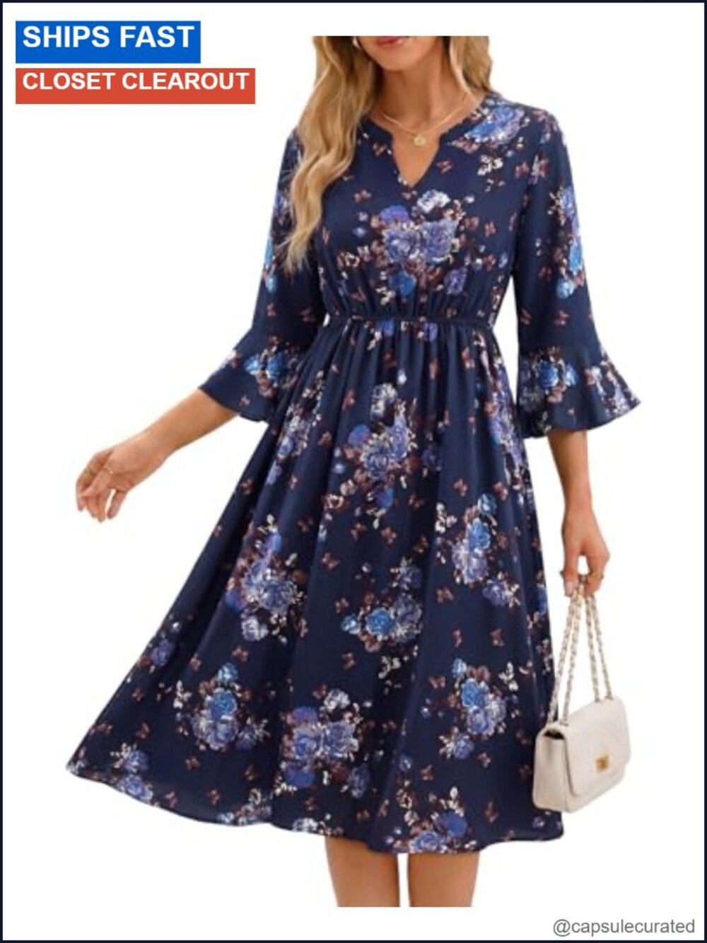 Women's V Neck 3/4 Bell Sleeve Floral Midi Dress A-Line Business Casual